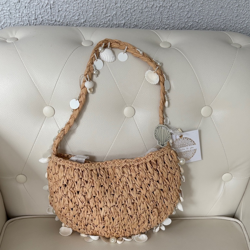 Beige Woven Shoulder Bag with Shell Accents